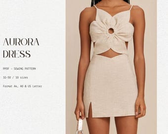 Puede incluir: Un vestido de lino beige con un diseño de flor recortada y una abertura en la falda. El vestido tiene un detalle de anillo en el centro de la flor. El vestido está disponible en tallas 32-50. El patrón está disponible en tamaños A4, A0 y US Letter.