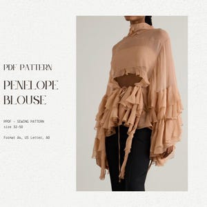 Penelope Blus PDF Symönster | Långärmad volangblus med öppen framsida | Storlekar 32-50 | Höstklänning | Bohoblus | cottagecore-topp