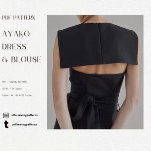 May include: A black dress and blouse sewing pattern. The back of the dress features a unique design with a rectangular overlay and a bow at the waist. The text on the image reads "AYAKO DRESS & BLOUSE" and "PDF PATTERN".