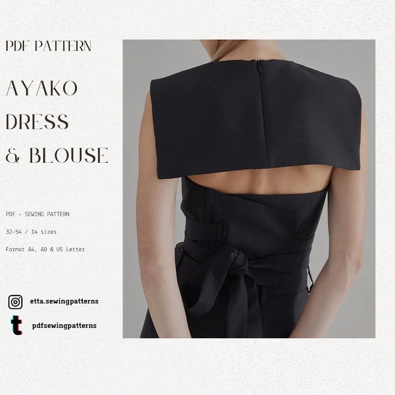 May include: A black dress and blouse sewing pattern. The back of the dress features a unique design with a rectangular overlay and a bow at the waist. The text on the image reads "AYAKO DRESS & BLOUSE" and "PDF PATTERN".