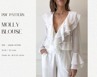 Ruffles Blouse PDF Sewing Pattern - Vintage Boho Style - Pirate blouse - Vintage style top - Cottagecore top  (32-50 EU Size)