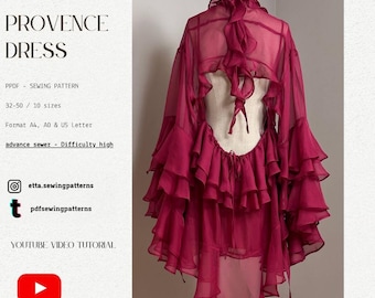 Provance Dress PDF Sewing Pattern | Long Sleeve Ruffle Dress with open back  | Sizes 32-50 | Fall dress | Boho dress | cottagecore dress