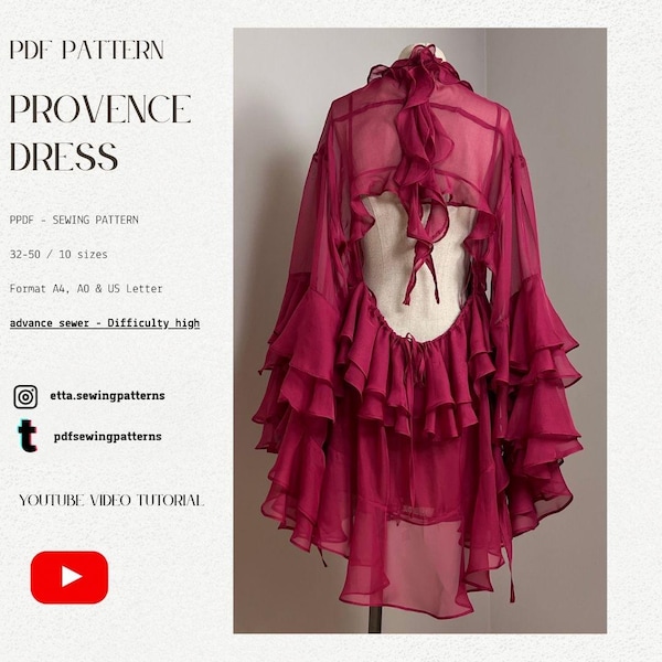 Provance Dress PDF Sewing Pattern | Long Sleeve Ruffle Dress with open  back  | Sizes 32-50 | Fall dress | Boho dress | cottagecore dress