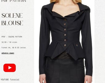 May include: A black Solene blouse with a unique design, featuring a button-up front and a peplum waist. The blouse has long sleeves and a distinctive collar. The image also includes text: PDF PATTERN, SOLENE BLOUSE, and YOUTUBE Tutorial.
