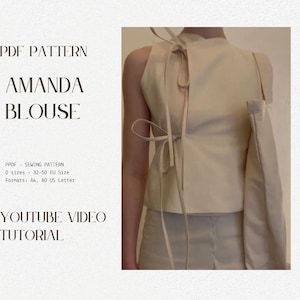 Amanda Blouse PDF Sewing Pattern | Japandi Minimalist Top DIY | Japanese Inspired Sleeveless Wrap Blouse | Sizes EU32-50 Tie-Up Blouse