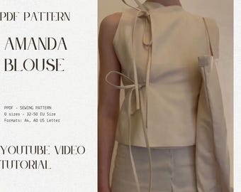 Tie-Up Blouse Sewing Pattern: Coquette Top with Bow Detail (32-50 EU Size) (PDF Pattern)