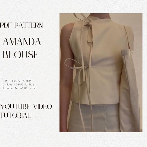 Amanda Blouse PDF Sewing Pattern | Japandi Minimalist Top DIY | Japanese Inspired Sleeveless Wrap Blouse | Sizes EU32-50 Tie-Up Blouse