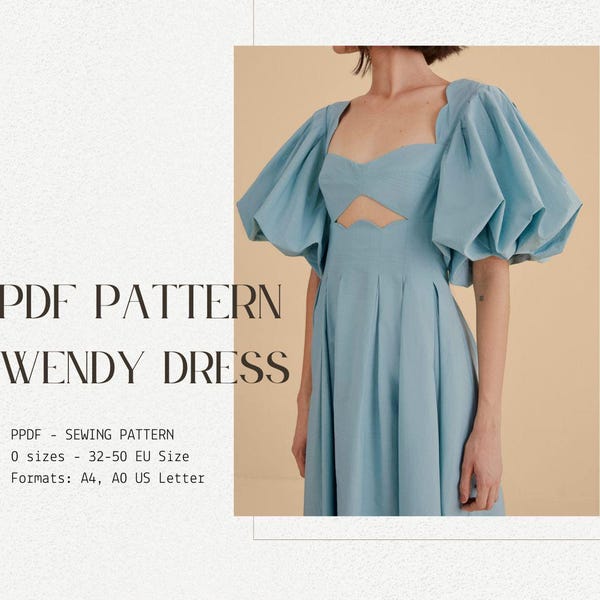 Puff Sleeve Dress PDF Sewing Pattern | Wendy Cut Out Milkmaid Dress EU 32-50