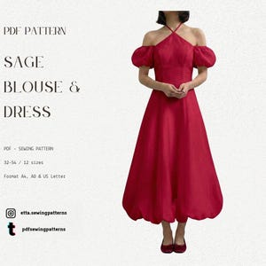 Puede incluir: Un vestido rojo con cuello halter y mangas caídas, con una falda amplia. La imagen corresponde a un patrón de costura PDF llamado "Sage Blouse & Dress". El patrón está disponible en tallas 32-54 y formatos A4, A0 y US Letter.
