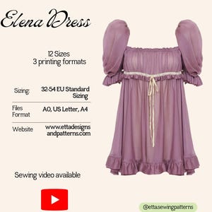 May include: A PDF sewing pattern for the Elena Dress, featuring a sheer mauve dress with puff sleeves, a square neckline, and a ruffled hem. The text includes 12 sizes, 3 printing formats, EU sizing 32-54, file formats A0, US Letter, A4, and a website link.
