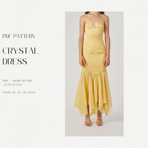 Puede incluir: Un patrón de costura para un vestido maxi amarillo con un corpiño ajustado y una falda fluida. El patrón es para las tallas 32-50 EU y está disponible en los formatos A4, A0 y US Letter.