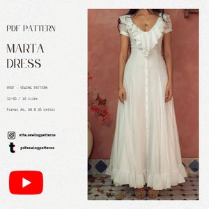 Patrón de costura en PDF para vestido midi vintage con volantes - Vestido estilo lechera estilo cottagecore - Videotutorial de YouTube (versión larga y corta)