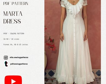 Vintage Ruffle Midi Dress PDF Sewing Pattern - Cottagecore Milkmaid Style Dress - Youtube video tutorial - long & short version