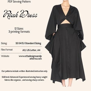 Può includere: Un abito nero con profondo scollo a V, maniche lunghe e ampie e un taglio all'altezza della vita. Il testo recita: PDF Sewing Pattern, Riah Dress, 12 Sizes, 3 printing formats, Sizing: 32-54 EU Standard Sizing, Files Format: AO, US Letter, A4.