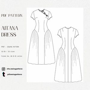 May include: A line drawing of the Aitana Dress sewing pattern. The pattern includes two views of the dress, with short sleeves and a pleated skirt. Text on the image includes "PDF PATTERN", "AITANA DRESS", and social media handles.