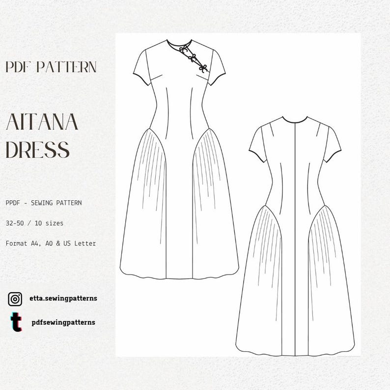 May include: A line drawing of the Aitana Dress sewing pattern. The pattern includes two views of the dress, with short sleeves and a pleated skirt. Text on the image includes "PDF PATTERN", "AITANA DRESS", and social media handles.