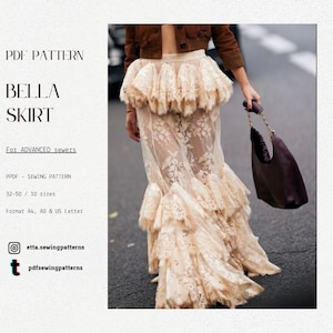 May include: A beige lace Bella skirt PDF sewing pattern for advanced sewers. The skirt features multiple layers of ruffles and a floral pattern. The pattern includes sizes 32-50 and is available in A4, A0, and US Letter formats.