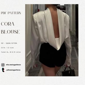 May include: A white satin blouse with long sleeves and a deep V-neck back. The blouse is paired with black shorts. Text on the left side reads "PDF PATTERN CORA BLOUSE" and includes sewing pattern details and social media handles.