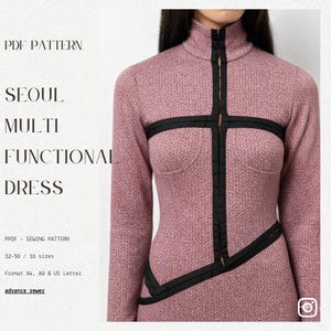 May include: A pink, textured dress with black trim and a high collar. The dress features a zip closure and a unique design with a bustier-style bodice. The text on the image reads "SEOUL MULTI FUNCTIONAL DRESS" and "PDF PATTERN".