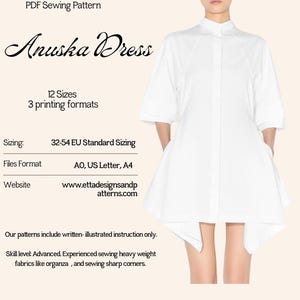 Puede incluir: Un vestido blanco con cuello alto, cierre frontal de botones y mangas hasta el codo. El texto dice: PDF Sewing Pattern, Anuska Dress, 12 Sizes, 3 printing formats, Sizing: 32-54 EU Standard Sizing, Files Format: AO, US Letter, A4.