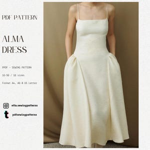 Może przedstawiać: Kremowa, teksturowana sukienka z kwadratowym dekoltem i cienkimi ramiączkami. Sukienka ma pełną spódnicę z kieszeniami i jest oznaczona jako "ALMA DRESS" z "PDF PATTERN" na górze. Obraz zawiera również tekst "32-50 / 10 rozmiarów" i uchwyty do mediów społecznościowych.