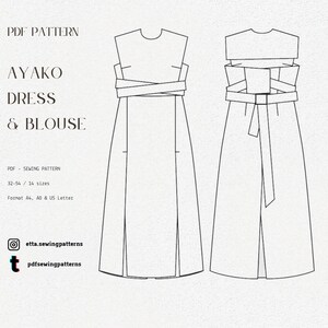 May include: A digital sewing pattern for the Ayako dress and blouse. The image shows two line drawings of the dress design, featuring a wrap-around waist detail. Text includes "PDF Pattern," "Ayako Dress & Blouse," and size information.