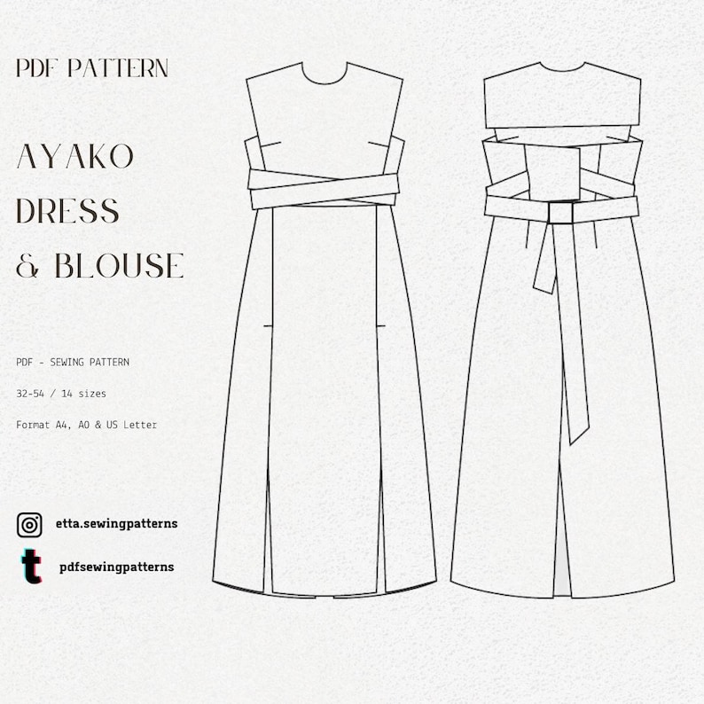 May include: A digital sewing pattern for the Ayako dress and blouse. The image shows two line drawings of the dress design, featuring a wrap-around waist detail. Text includes "PDF Pattern," "Ayako Dress & Blouse," and size information.