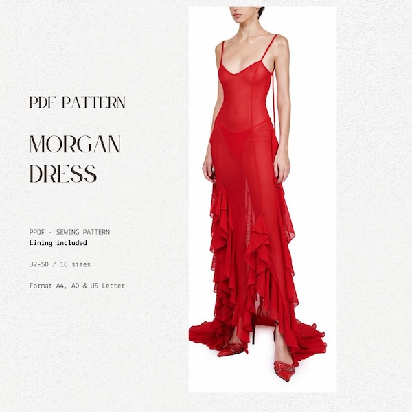 Ruffles Maxi Dress PDF Sewing Pattern: Backless Plunging Neckline (Sizes 32-50)