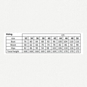 May include: Sizing chart for clothing in centimeters. The chart shows sizes 32 to 50 with measurements for bust, waist, hips, and total height.