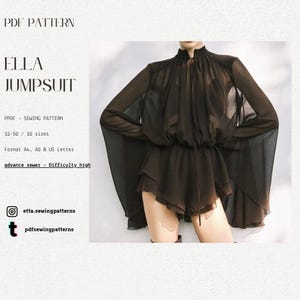 May include: A black jumpsuit with long, flowing sleeves and a high neckline. The garment features a cinched waist and layered shorts. The image includes text that reads "ELLA JUMPSUIT" and "PDF PATTERN". The sewing pattern is for sizes 32-50.