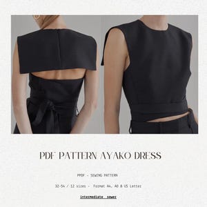 May include: Black dress with a unique design, featuring a cutout back and a wrap-around waist tie. The dress has a sleeveless top and is paired with matching pants. The image also includes the text "PDF PATTERN AYAKO DRESS".