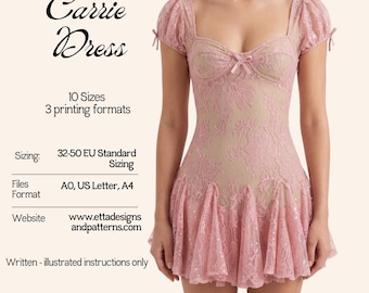 Puede incluir: Un patrón de costura en PDF para el vestido Carrie, disponible en 10 tallas de la 32 a la 50 estándar UE. La imagen muestra un vestido corto de encaje rosa con mangas abullonadas, escote corazón y un pequeño lazo, en formatos A0, US Letter y A4.