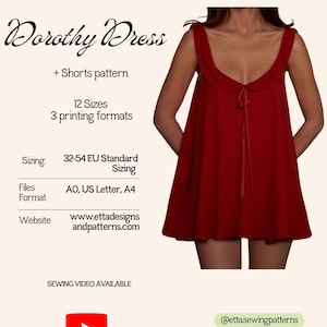 May include: A PDF sewing pattern for the Dorothy Dress and shorts. The text includes 12 sizes, 3 printing formats, sizing 32-54 EU standard, files format A0, US Letter, A4, and website www.ettadesignsandpatterns.com. A red dress is shown.