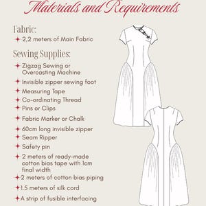 May include: A cream-colored graphic with the text "Materials and Requirements" in a decorative font. The image lists fabric and sewing supplies needed for a dress pattern, including fabric, a zipper, and thread. Two dress illustrations are also shown.