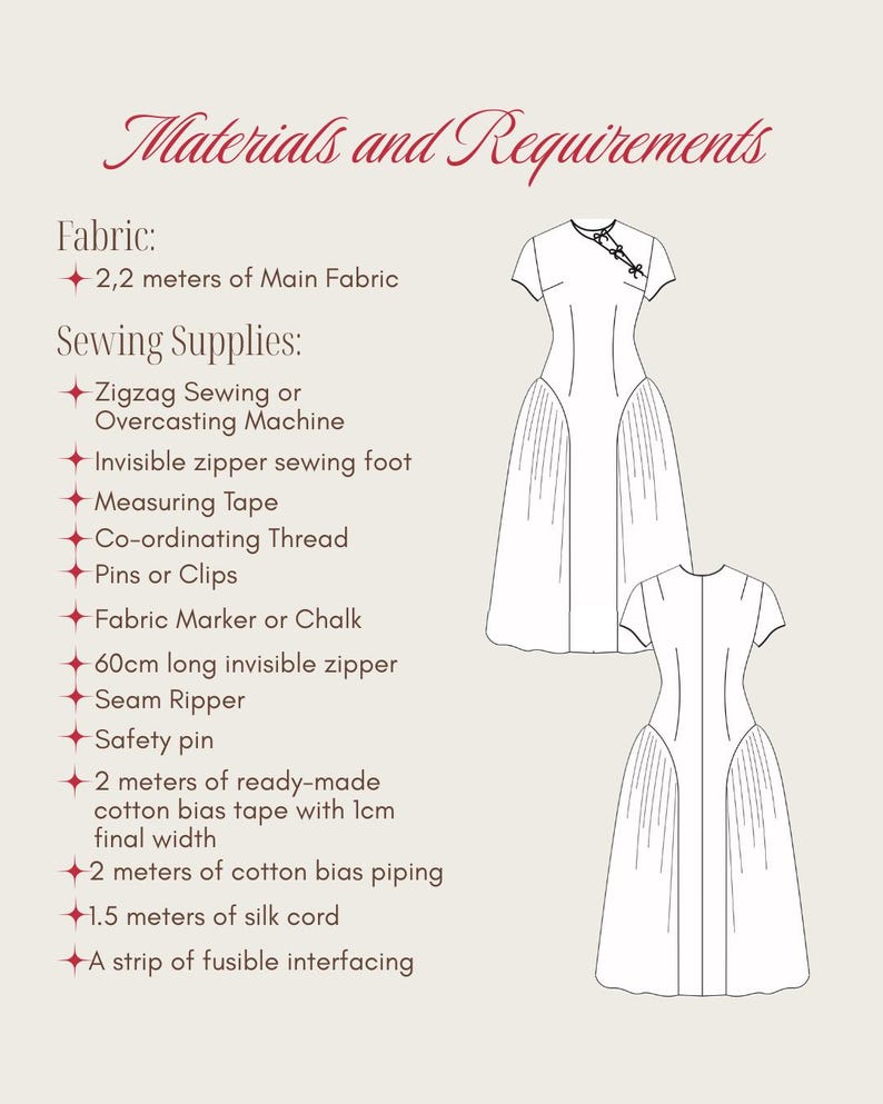 May include: A cream-colored graphic with the text "Materials and Requirements" in a decorative font. The image lists fabric and sewing supplies needed for a dress pattern, including fabric, a zipper, and thread. Two dress illustrations are also shown.
