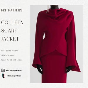 May include: A deep red scarf jacket and matching skirt are displayed. The jacket has a unique draped neckline and long sleeves. The image also includes text that reads "COLLEEN SCARF JACKET" and "PDF SEWING PATTERN".