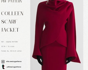May include: A deep red scarf jacket and matching skirt are displayed. The jacket has a unique draped neckline and long sleeves. The image also includes text that reads "COLLEEN SCARF JACKET" and "PDF SEWING PATTERN".