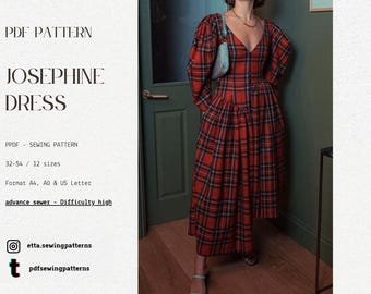 Josephine Dress PDF Sewing Pattern | Corset fall dress | Puff sleeve dress | Winter dress | Asymmetrical dress |  Sizes 32-54 EU