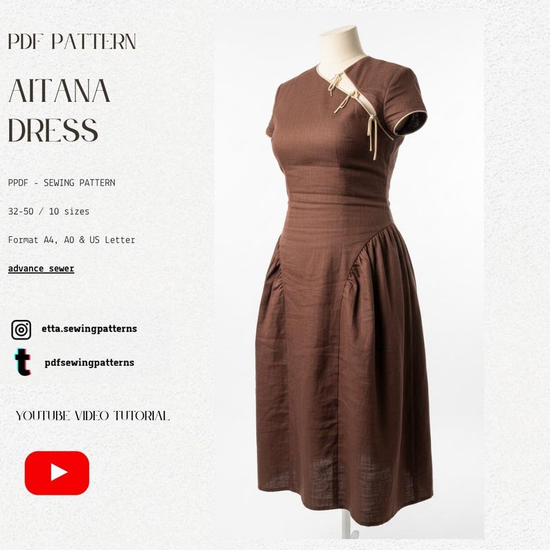 May include: A brown dress displayed on a mannequin. The dress has short sleeves, a fitted bodice, and a flared skirt. The image includes text that reads "AITANA DRESS" and "PDF PATTERN". The dress is a sewing pattern.
