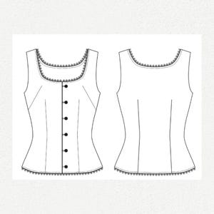 May include: A white sleeveless top with a button-up front and a scalloped trim around the neckline and hem.