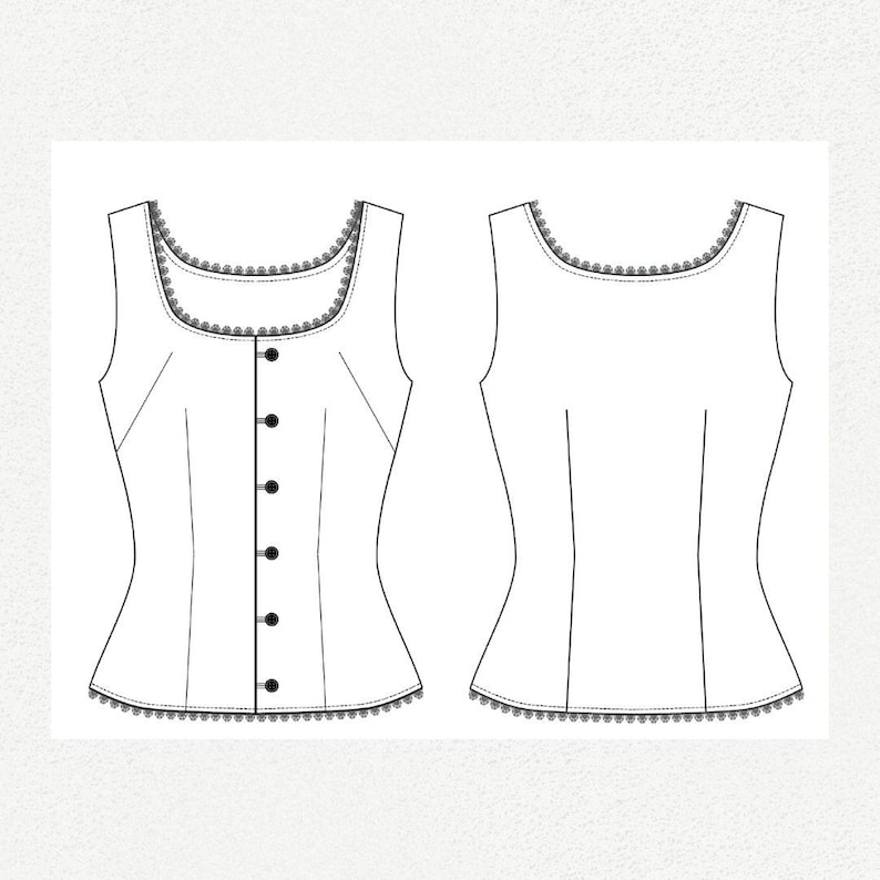 May include: A white sleeveless top with a button-up front and a scalloped trim around the neckline and hem.