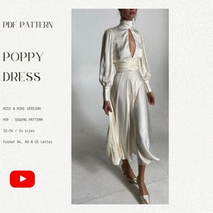 Keyhole Front Dress PDF Sewing Pattern, High Neck Draped Wrap Gown,  Long Sleeve midi