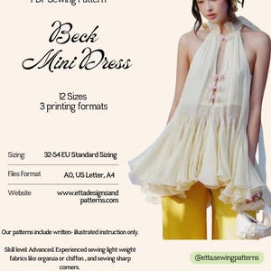 May include: A PDF sewing pattern for a "Beck Mini Dress". The image features a cream halter dress with pink details, worn with yellow trousers. The pattern offers 12 sizes and 3 printing formats. Website: www.ettadesignsandpatterns.com.