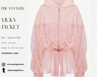 Vicky Jacket PDF Sewing Pattern | Oversized Ruched Hoodie Pattern | Zip Up Jacket with Drawstring | jacket  | hoodie jacket  | Sizes 32-54