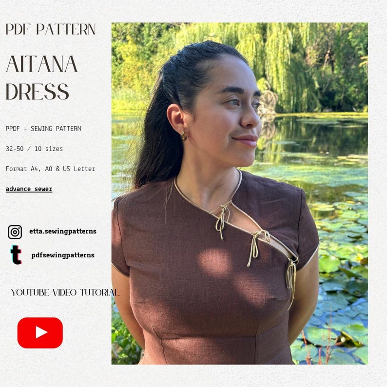 May include: A woman wearing a brown dress with a unique neckline and gold trim. The image includes text that reads "AITANA DRESS" and "PDF PATTERN". The dress is part of a sewing pattern, with sizes 32-50 available.