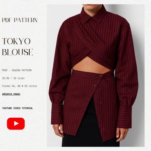 Patrón de costura en PDF para blusa Tokio / Camisa asimétrica multiposición / Blusa japonesa / Moda escandinava DIY / Tallas 32-50 / Camisa abotonada