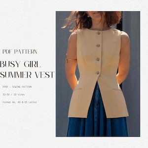 May include: A PDF sewing pattern for a sleeveless summer vest. The pattern is available in sizes 32-50 and includes instructions for printing on A4, A0, and US Letter paper.