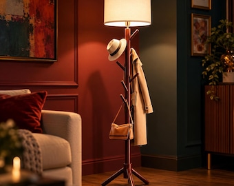 May include: A dark wood floor lamp with a cylindrical fabric shade and multiple hooks for hanging items. The lamp features a beige fedora, a tan trench coat, and a small brown leather handbag hanging from its various wooden pegs.