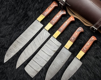 Hand Forged Damascus Steel Chef Knife Set | Pakka Wood Handle Kitchen Knives