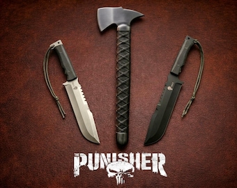 Handmade Punisher M4X D2 Steel Knife & Axe | Micarta Handle, Leather Sheath, Movie Replica